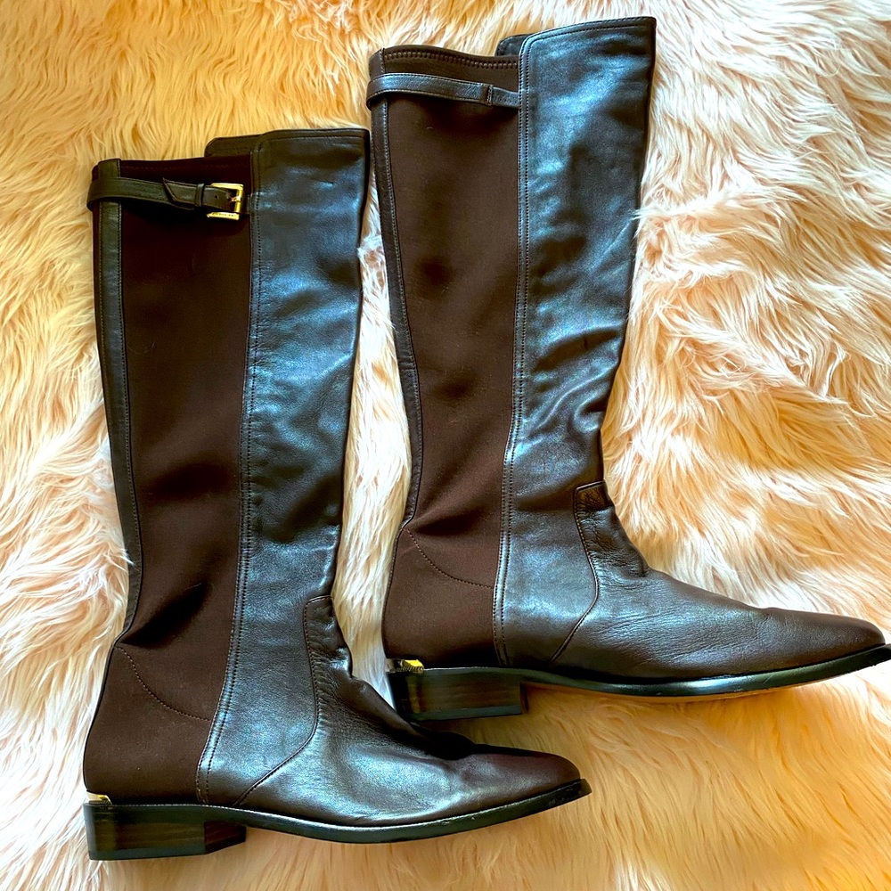 COACH Stretch Riding brown leather/fabric knee high boots size 9